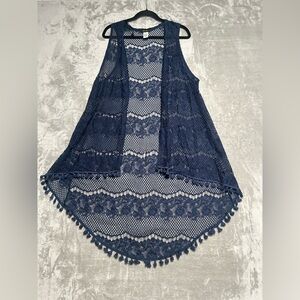 High Low Crochet Duster Cardigan Women’s 1X Navy Blue Fringe Witchy